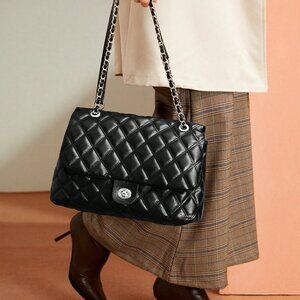 Black Elegant Women's Large Capacity Rhombic Pattern Crossbody Bag